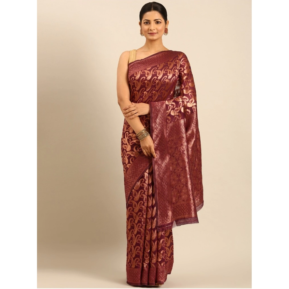 Generic Women's Cotton Woven Design Saree With Unstitched Blouse 5.5Mtr (Brown)