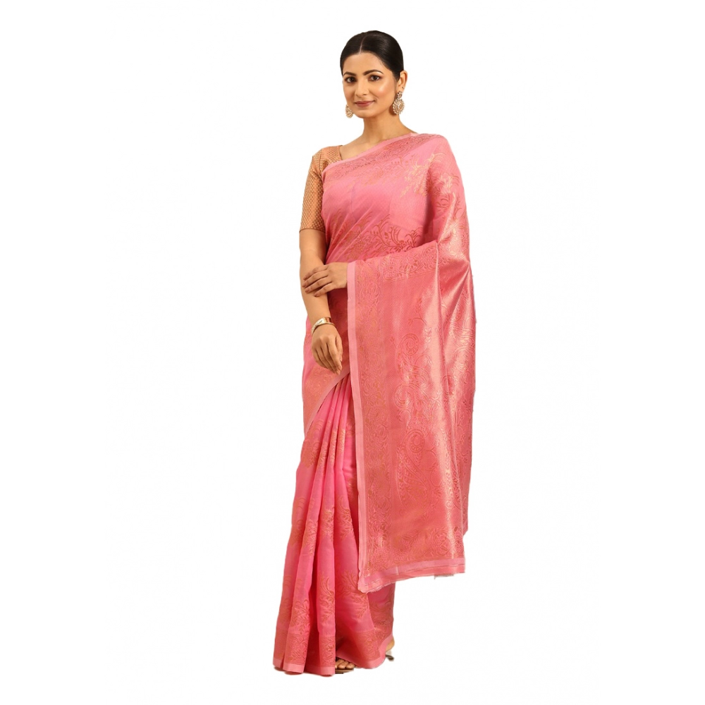 Generic Women's Cotton Woven Design Saree With Unstitched Blouse 5.5Mtr (Pink)