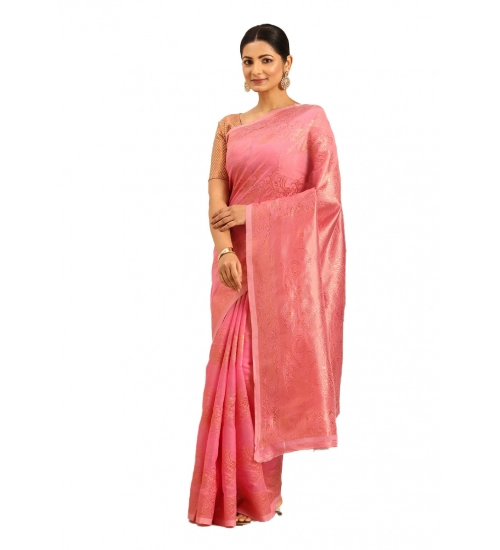Generic Women's Cotton Woven Design Saree With Unstitched Blouse 5.5Mtr (Pink)