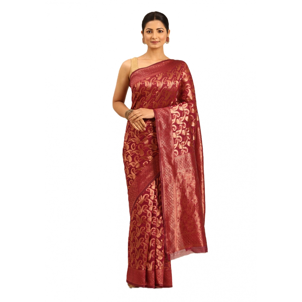 Generic Women's Cotton Woven Design Saree With Unstitched Blouse 5.5Mtr (Pink)