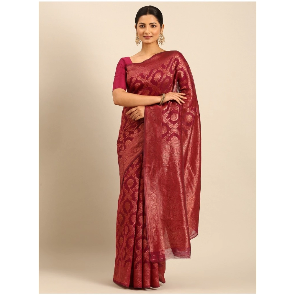 Generic Women's Cotton Woven Design Saree With Unstitched Blouse 5.5Mtr (Magenta)