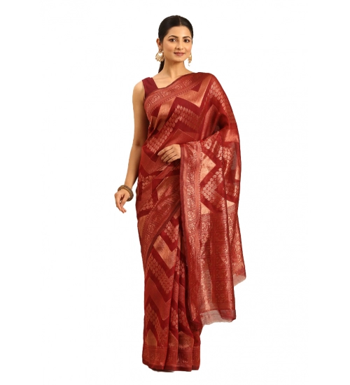 Generic Women's Cotton Woven Design Saree With Unstitched Blouse 5.5Mtr (Maroon)