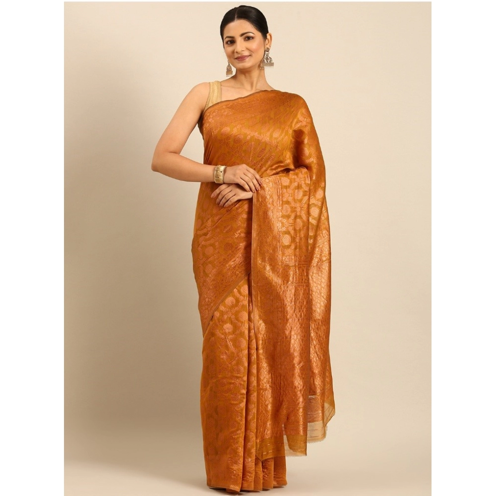 Generic Women's Cotton Woven Design Saree With Unstitched Blouse 5.5Mtr (Mustard)
