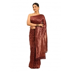 Generic Women's Cotton Woven Design Saree With Unstitched Blouse 5.5Mtr (Wine)