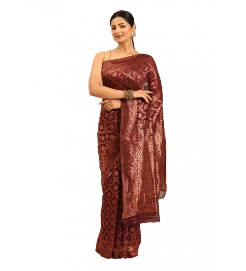Generic Women's Cotton Woven Design Saree With Unstitched Blouse 5.5Mtr (Wine)