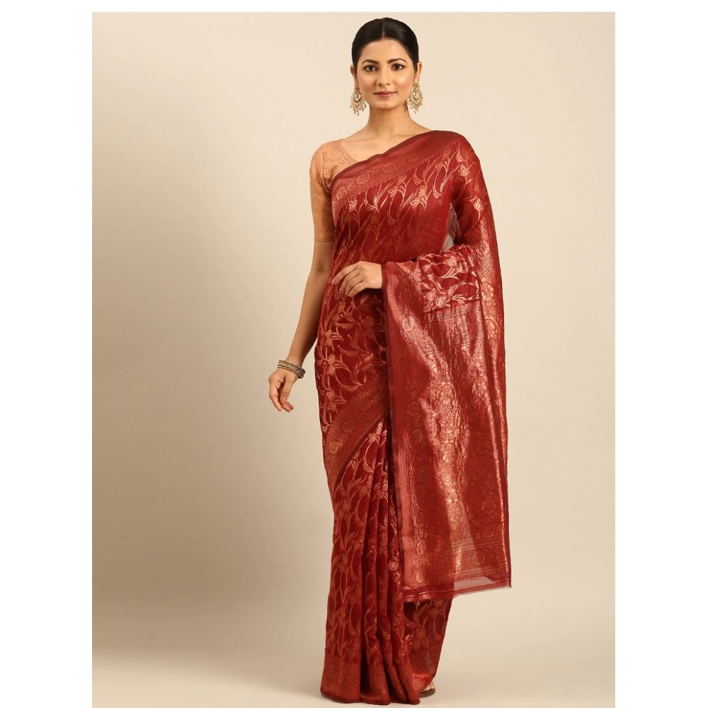 Generic Women's Cotton Woven Design Saree With Unstitched Blouse 5.5Mtr (Red)