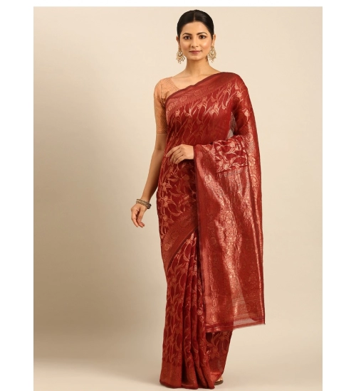 Generic Women's Cotton Woven Design Saree With Unstitched Blouse 5.5Mtr (Red)