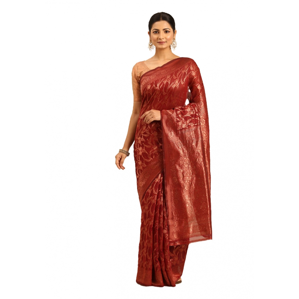 Generic Women's Cotton Woven Design Saree With Unstitched Blouse 5.5Mtr (Red)