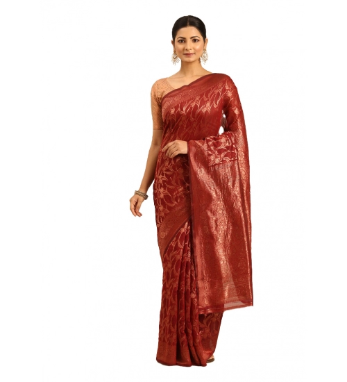 Generic Women's Cotton Woven Design Saree With Unstitched Blouse 5.5Mtr (Red)