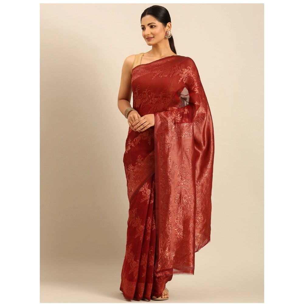 Generic Women's Cotton Woven Design Saree With Unstitched Blouse 5.5Mtr (Red)