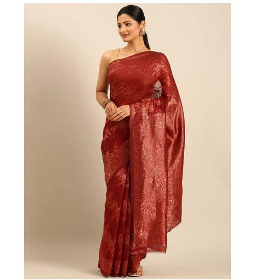 Generic Women's Cotton Woven Design Saree With Unstitched Blouse 5.5Mtr (Red)
