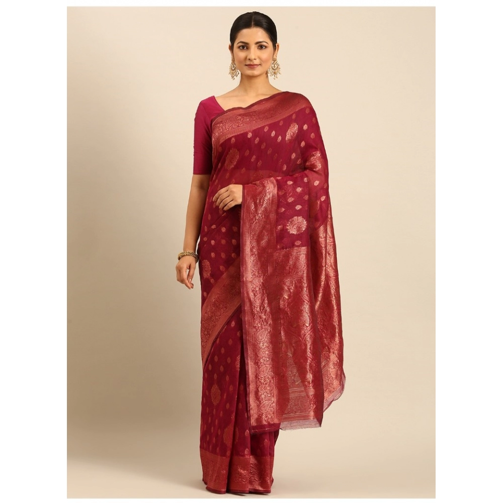 Generic Women's Cotton Woven Design Saree With Unstitched Blouse 5.5Mtr (Pink)