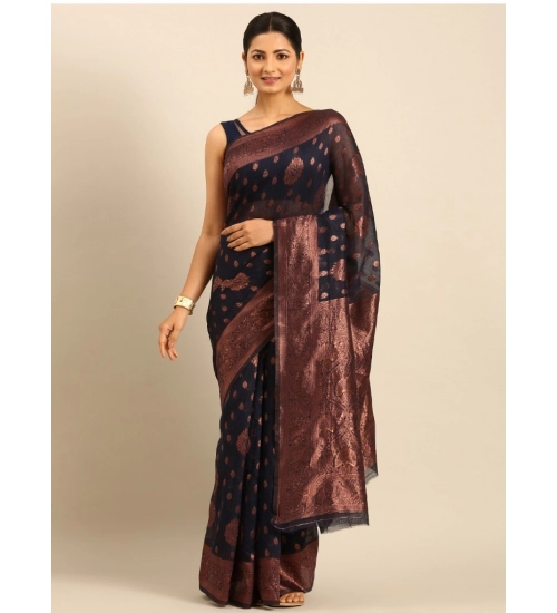 Generic Women's Cotton Woven Design Saree With Unstitched Blouse 5.5Mtr (Navy-Blue)