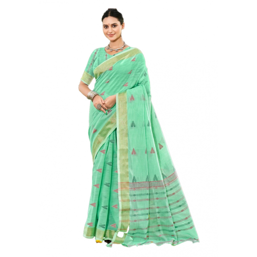 Generic Women's Cotton Printed Saree With Unstitched Blouse 5.5Mtr (Green)