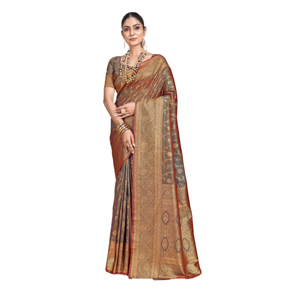 Generic Women's Silk Printed Saree With Unstitched Blouse 5.5Mtr (Grey)