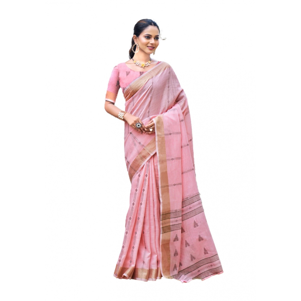 Generic Women's Cotton Printed Saree With Unstitched Blouse 5.5Mtr (Pink)
