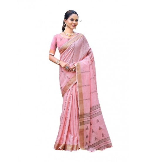 Generic Women's Cotton Printed Saree With Unstitched Blouse 5.5Mtr (Pink)