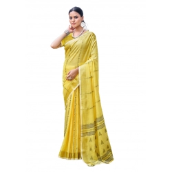 Generic Women's Cotton Printed Saree With Unstitched Blouse 5.5Mtr (Yellow)