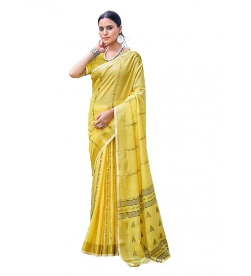 Generic Women's Cotton Printed Saree With Unstitched Blouse 5.5Mtr (Yellow)