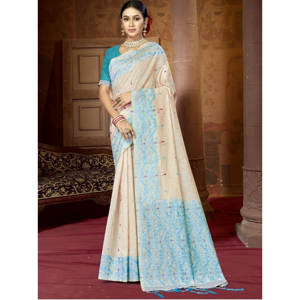 Generic Women's Cotton Woven Design Saree With Unstitched Blouse 5.5Mtr (SkyBlue)