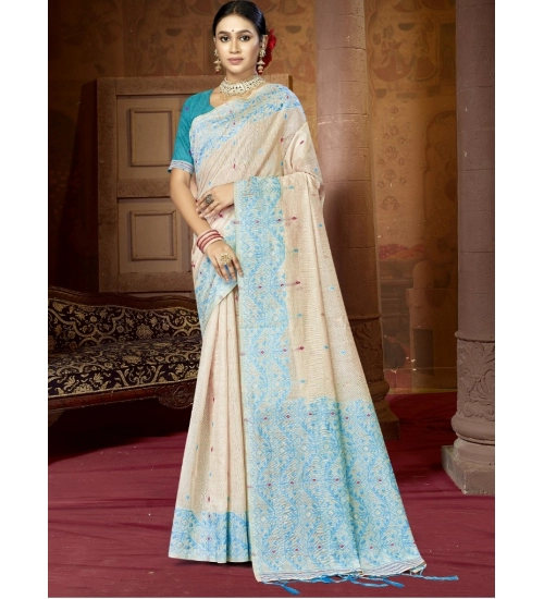 Generic Women's Cotton Woven Design Saree With Unstitched Blouse 5.5Mtr (SkyBlue)