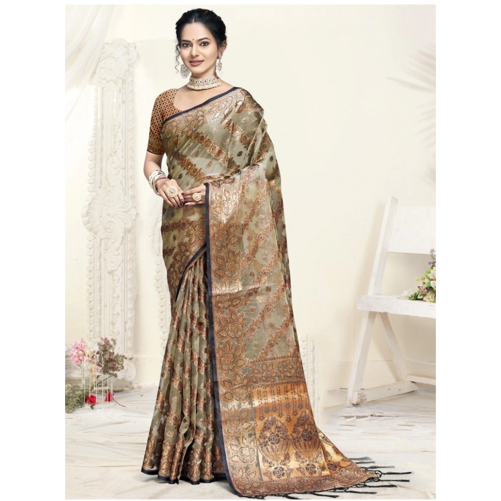 Generic Women's Organza Woven Design Saree With Unstitched Blouse 5.5Mtr (Grey)