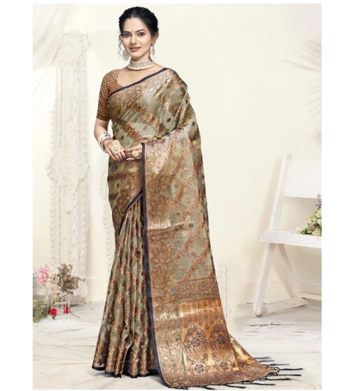 Generic Women's Organza Woven Design Saree With Unstitched Blouse 5.5Mtr (Grey)