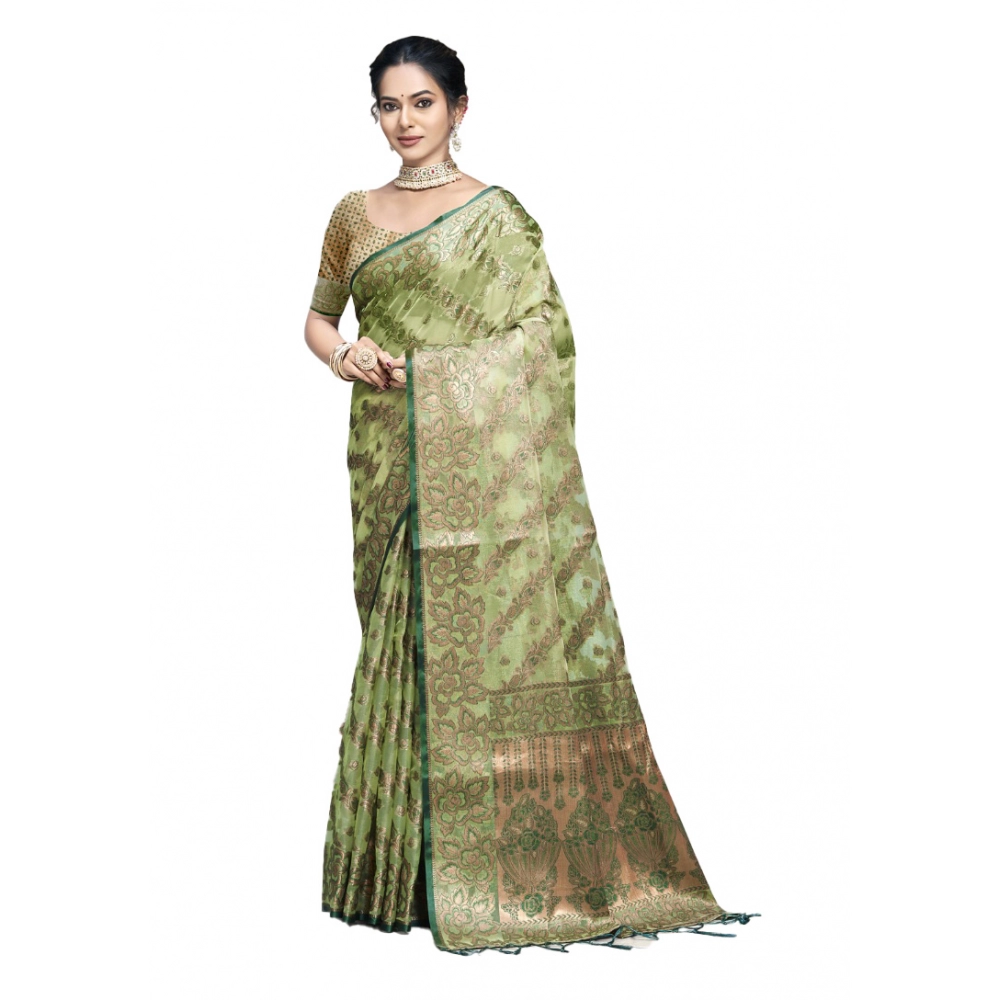 Generic Women's Organza Woven Design Saree With Unstitched Blouse 5.5Mtr (Green)