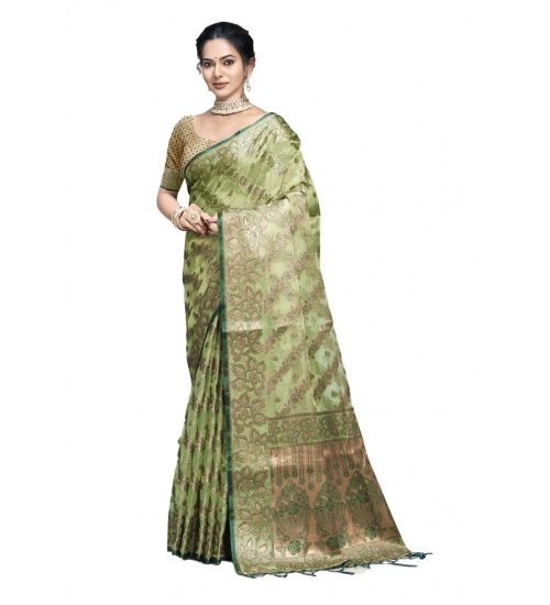 Generic Women's Organza Woven Design Saree With Unstitched Blouse 5.5Mtr (Green)