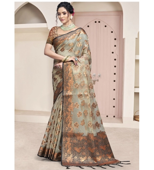 Generic Women's Organza Woven Design Saree With Unstitched Blouse 5.5Mtr (Grey)