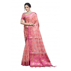 Generic Women's Organza Woven Design Saree With Unstitched Blouse 5.5Mtr (Pink)