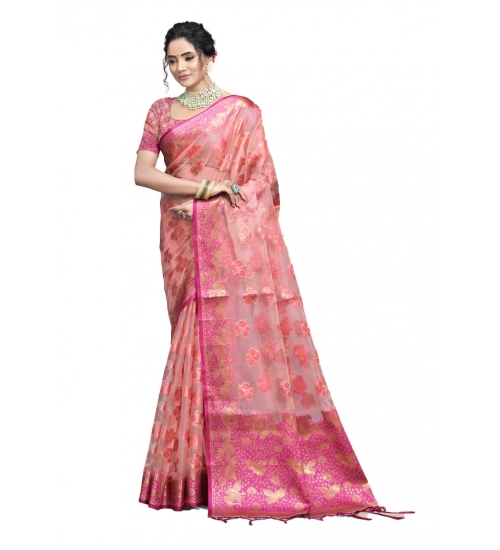 Generic Women's Organza Woven Design Saree With Unstitched Blouse 5.5Mtr (Pink)