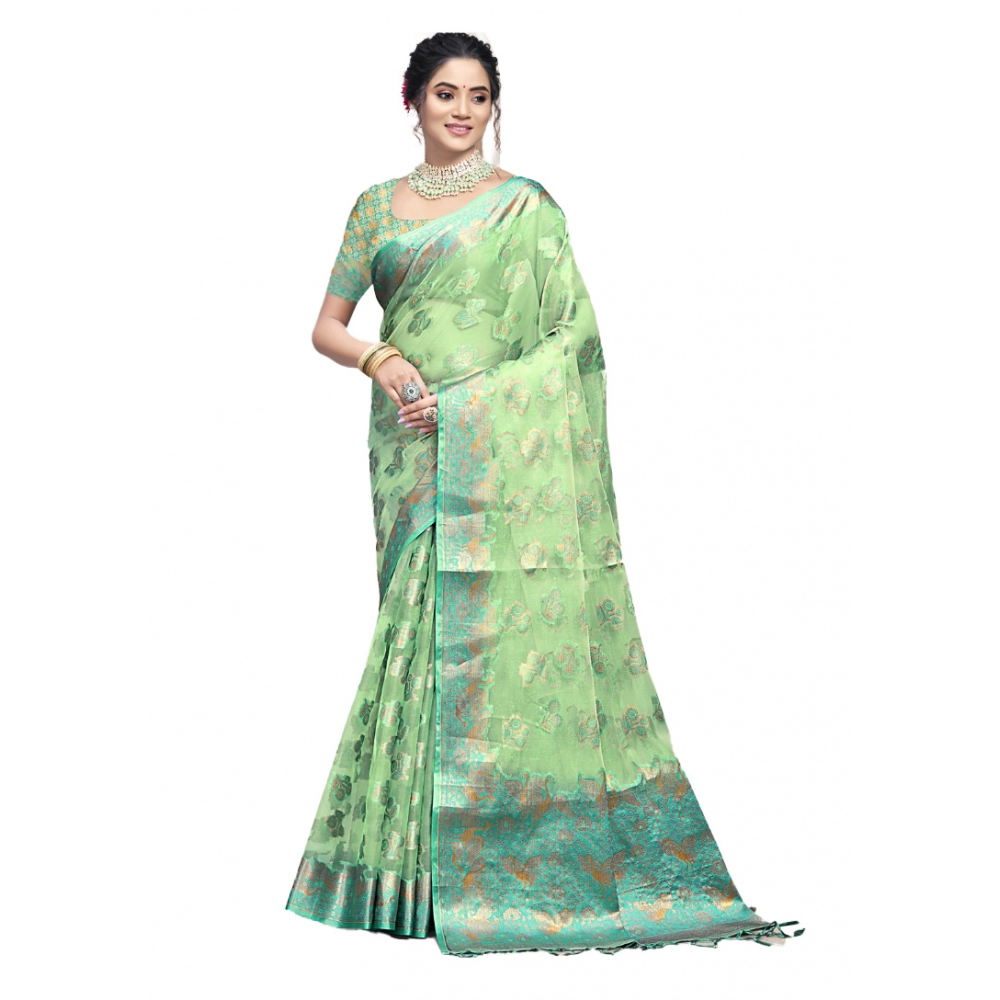 Generic Women's Organza Woven Design Saree With Unstitched Blouse 5.5Mtr (Green)