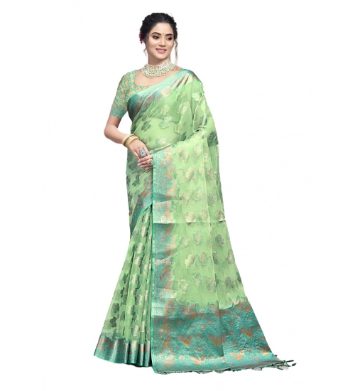 Generic Women's Organza Woven Design Saree With Unstitched Blouse 5.5Mtr (Green)