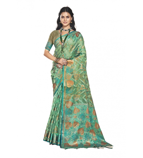 Generic Women's Organza Woven Design Saree With Unstitched Blouse 5.5Mtr (Green)