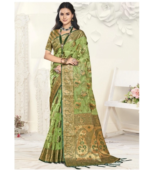 Generic Women's Organza Woven Design Saree With Unstitched Blouse 5.5Mtr (Green)