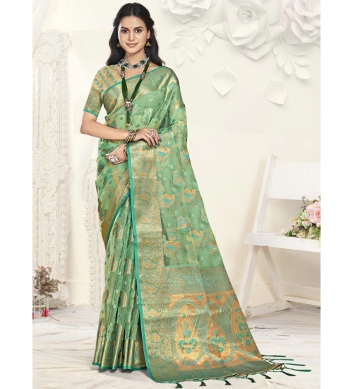 Generic Women's Organza Woven Design Saree With Unstitched Blouse 5.5Mtr (Green)