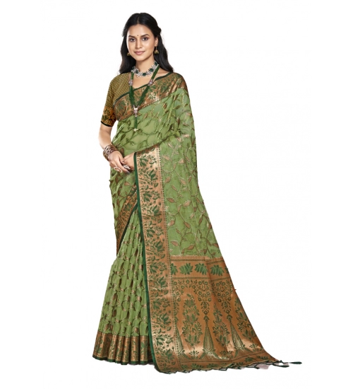 Generic Women's Organza Woven Design Saree With Unstitched Blouse 5.5Mtr (Green)