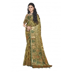 Generic Women's Organza Woven Design Saree With Unstitched Blouse 5.5Mtr (Green)