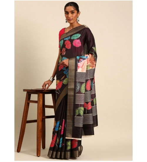 Generic Women's Cotton Printed Saree With Unstitched Blouse 5.5Mtr (Black)