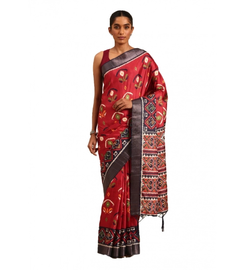 Generic Women's Cotton Printed Saree With Unstitched Blouse 5.5Mtr (Red)