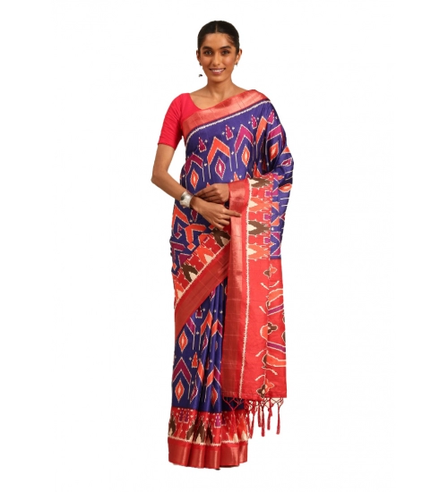 Generic Women's Cotton Printed Saree With Unstitched Blouse 5.5Mtr (Blue)