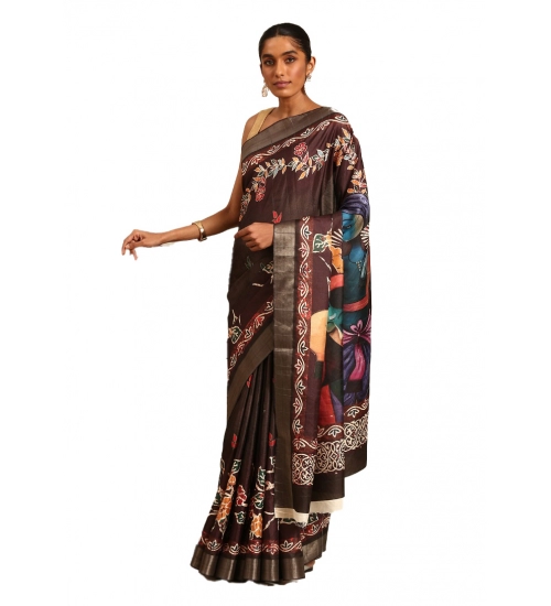 Generic Women's Cotton Printed Saree With Unstitched Blouse 5.5Mtr (Brown)