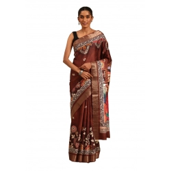 Generic Women's Cotton Printed Saree With Unstitched Blouse 5.5Mtr (Brown)