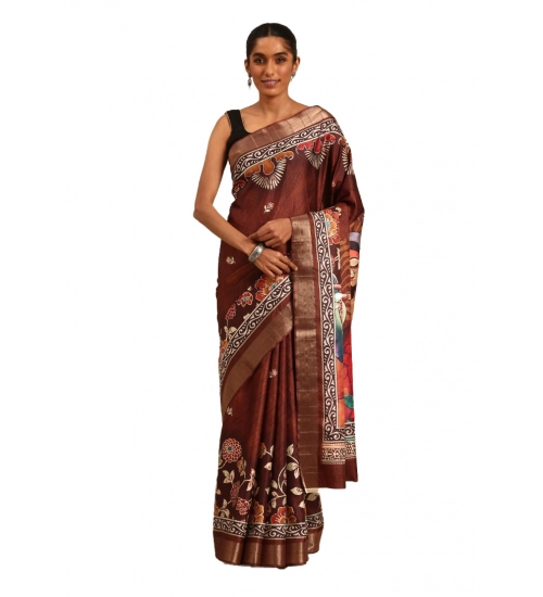 Generic Women's Cotton Printed Saree With Unstitched Blouse 5.5Mtr (Brown)