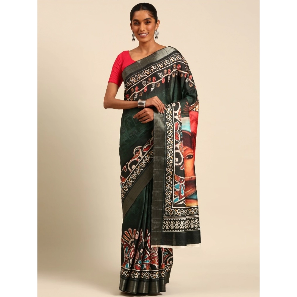 Generic Women's Cotton Printed Saree With Unstitched Blouse 5.5Mtr (Green)