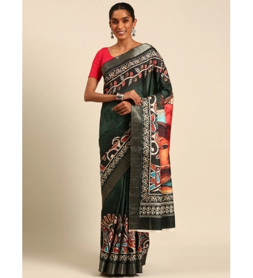 Generic Women's Cotton Printed Saree With Unstitched Blouse 5.5Mtr (Green)