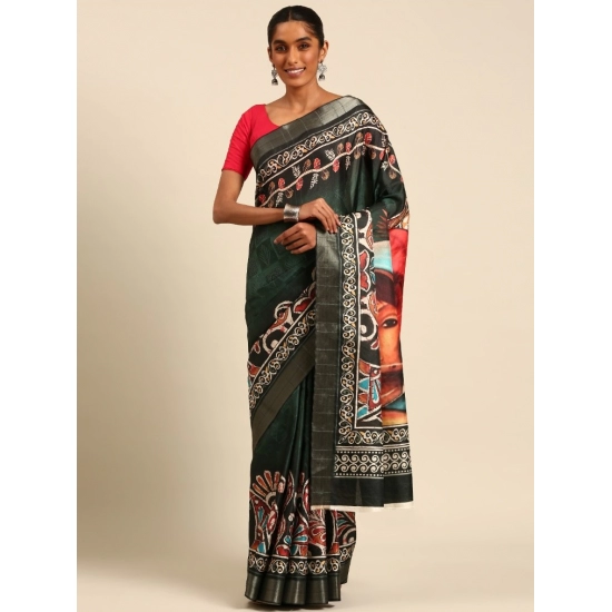 Generic Women's Cotton Printed Saree With Unstitched Blouse 5.5Mtr (Green)
