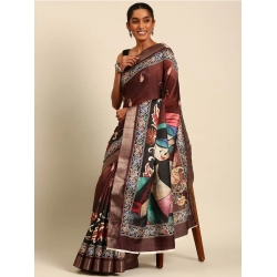 Generic Women's Cotton Printed Saree With Unstitched Blouse 5.5Mtr (Brown)