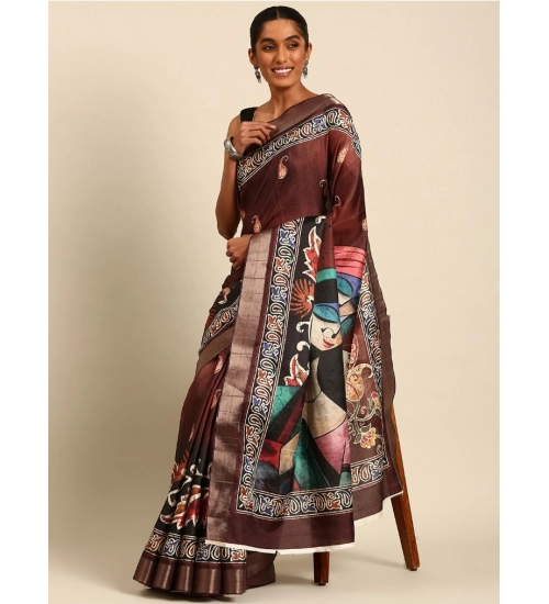 Generic Women's Cotton Printed Saree With Unstitched Blouse 5.5Mtr (Brown)